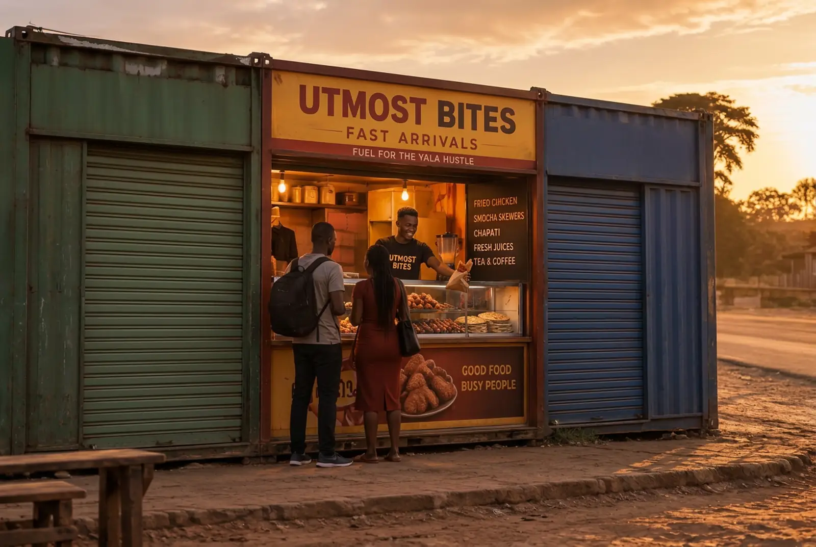 Young man in an Utmost Bites T-shirt serving customers at the shop counter